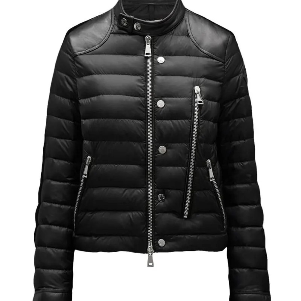 Moncler Women’s Cynosura Black Quilted Leather-Trim Biker Jacket